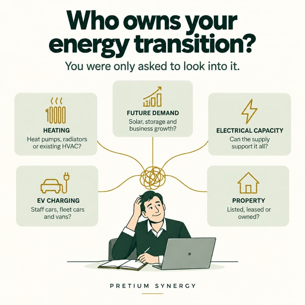 Illustration of competing energy decisions — heating, EV charging, electrical capacity, property and future demand — converging on one desk.
