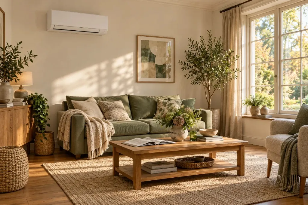 A wall-mounted air-to-air unit in a sunlit living room